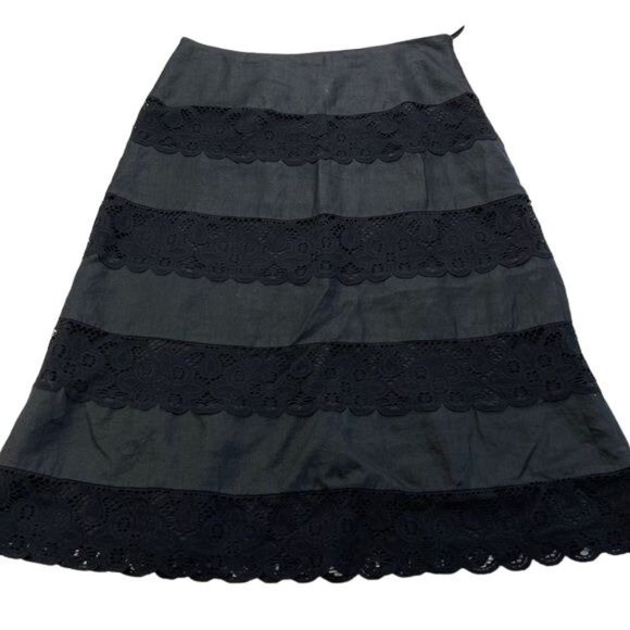 Spenser Jeremy Dresses & Skirts - Spenser Jeremy Black Linen Scalloped Lace Lined Mixed Media Skirt Size Medium